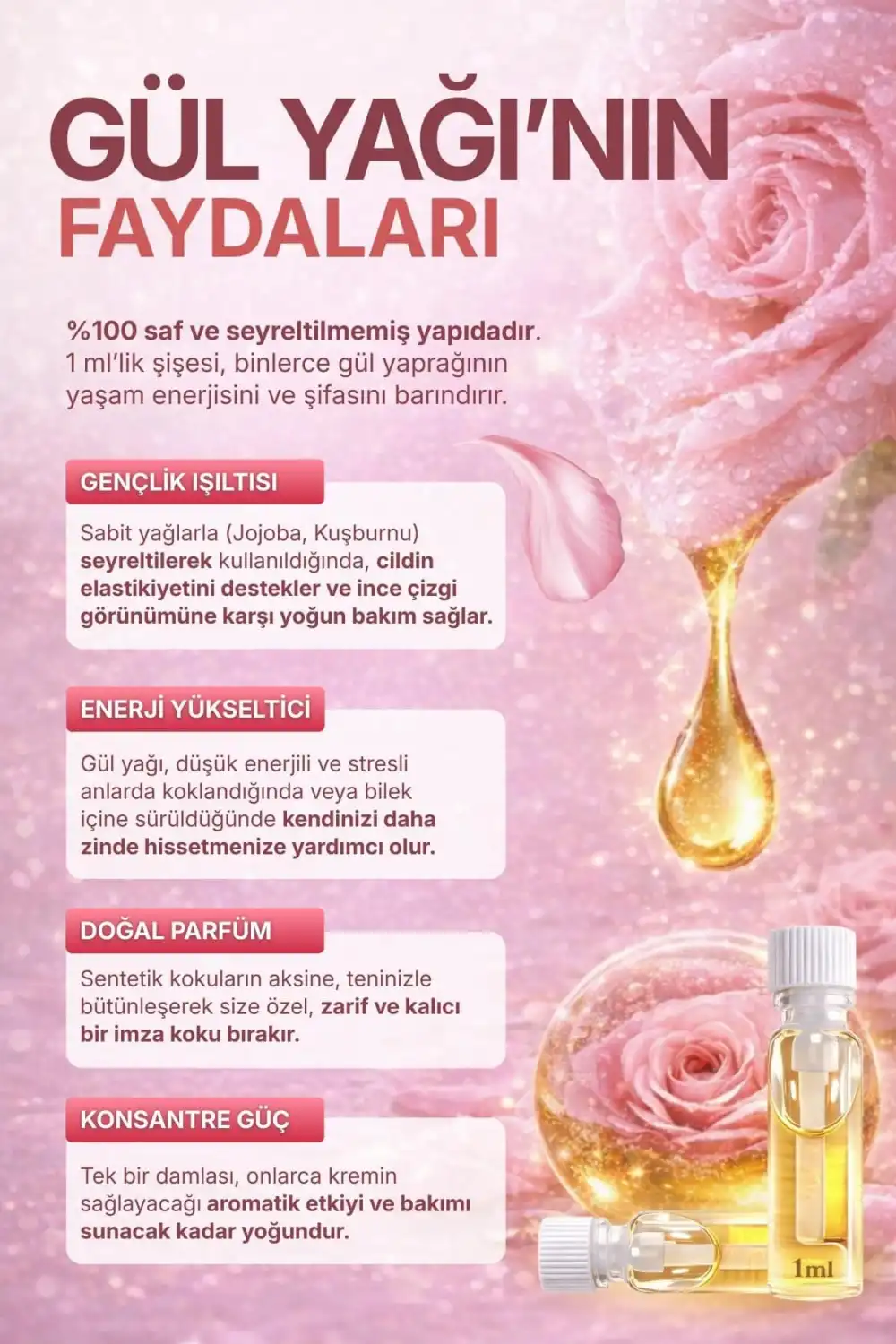 GÜL YAĞI (Rosa Damascena) – %100 Saf & Seyreltilmemiş Uçucu Yağ – 1 ml