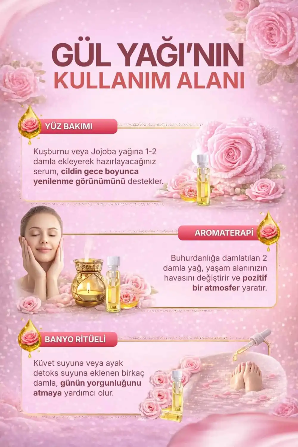 GÜL YAĞI (Rosa Damascena) – %100 Saf & Seyreltilmemiş Uçucu Yağ – 1 ml