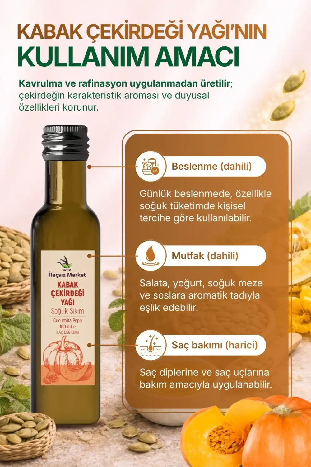 KABAK ÇEKİRDEĞİ YAĞI SOĞUK SIKIM (Cucurbita Pepo) – %100 Saf & Doğal / 100 ml