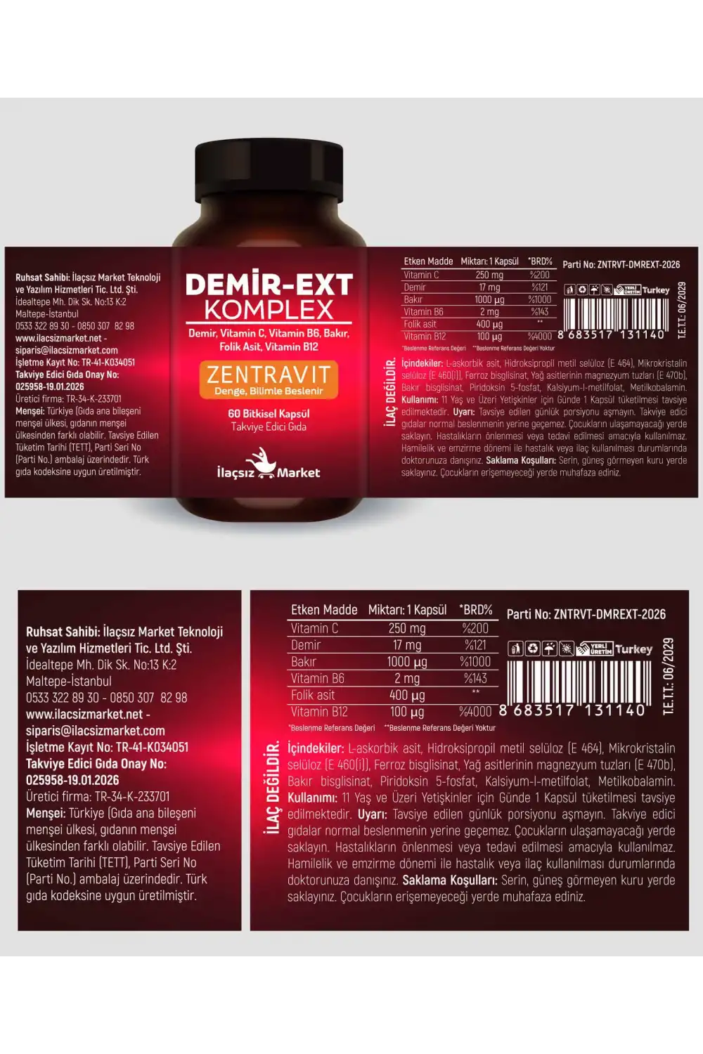 DEMİR-EXT KOMPLEX (Ferroz Bisglisinat) 60 Bitkisel Kapsül