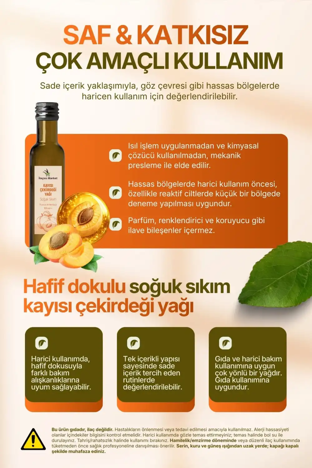 KAYISI ÇEKİRDEĞİ YAĞI SOĞUK SIKIM (Prunus Armeniaca) – %100 Saf & Doğal / 100 ml