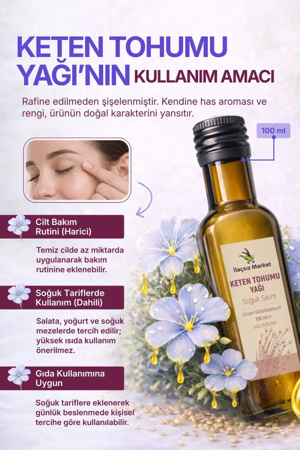 KETEN TOHUMU YAĞI SOĞUK SIKIM (Linum usitatissimum) – %100 Saf & Doğal / 100 ml
