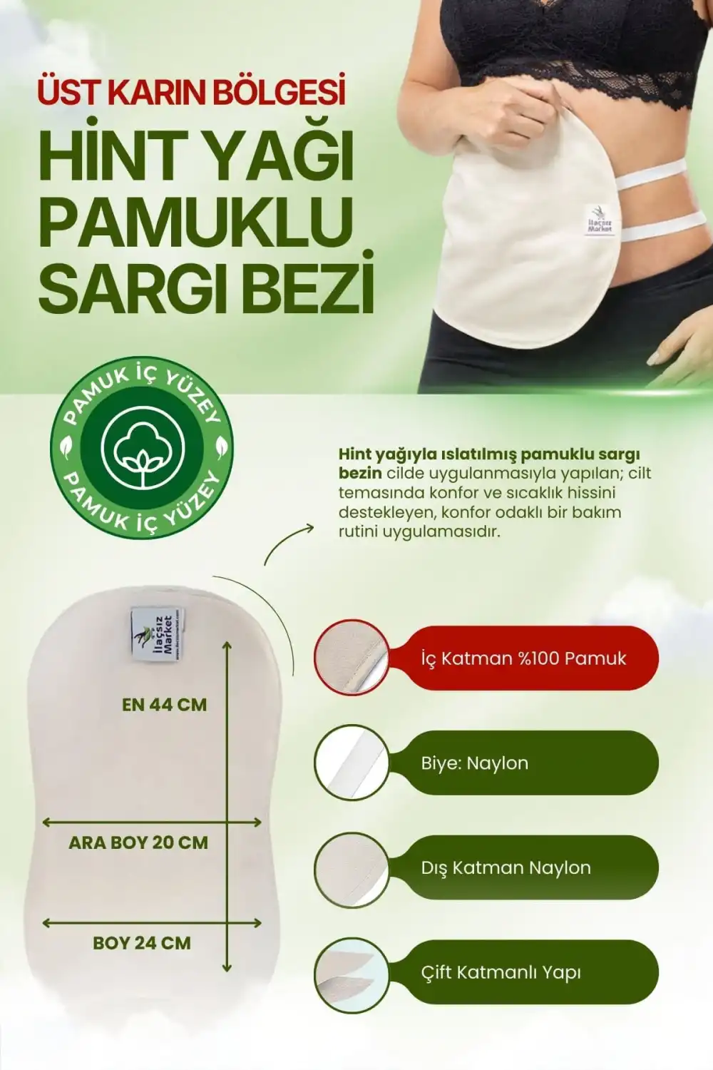 Sağ Kaburga Altı (Sağ Üst Karın) Hint Yağı Uygulama Bezi – %100 Pamuk & Sızdırmaz