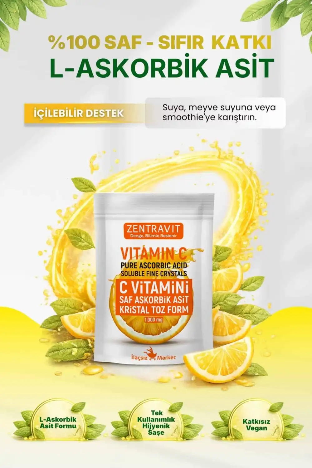 Zentravit %100 Saf C Vitamini (L-Askorbik Asit) Saşe Form 1 Alana 1 Bedava