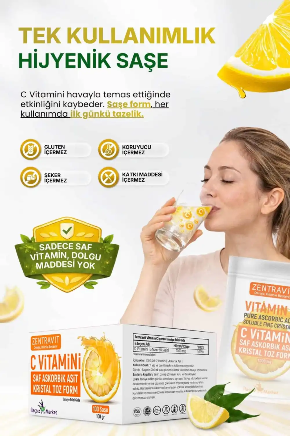 Zentravit %100 Saf C Vitamini (L-Askorbik Asit) Saşe Form 1 Alana 1 Bedava
