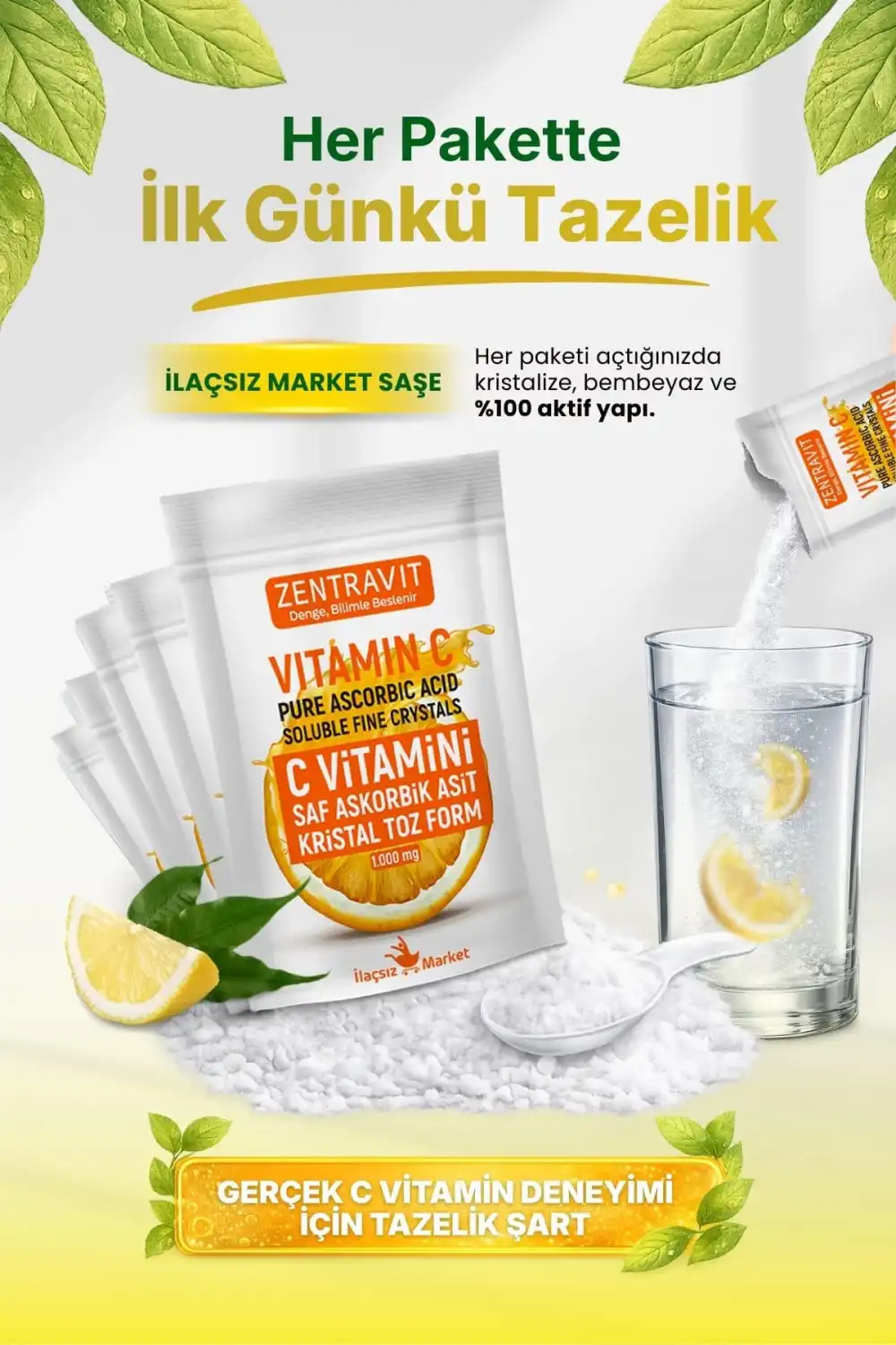 Zentravit %100 Saf C Vitamini (L-Askorbik Asit) Saşe Form 1 Alana 1 Bedava