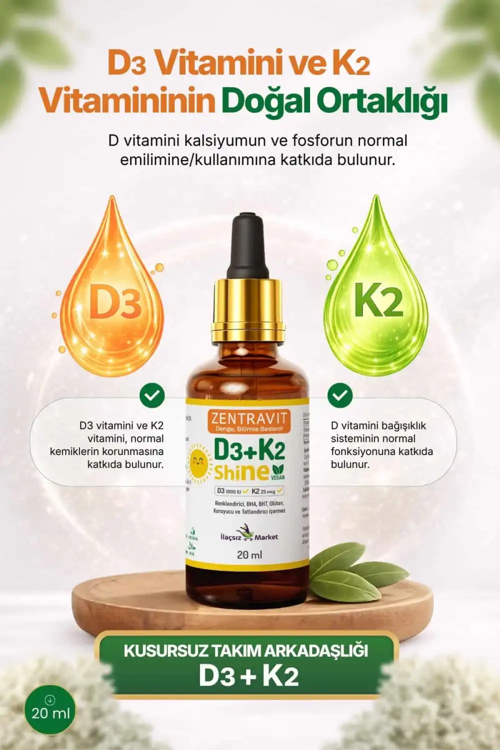 D3+K2 Shine Vegan Vitamin (Liken Kaynaklı) – %100 Bitkisel / 20 ml