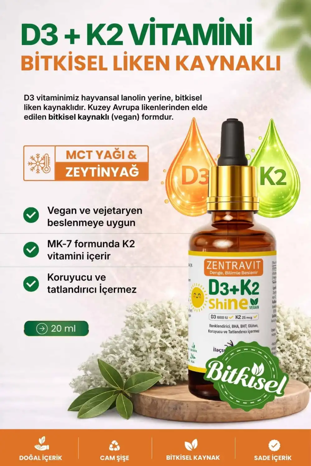 D3+K2 Shine Vegan Vitamin (Liken Kaynaklı) – %100 Bitkisel / 20 ml