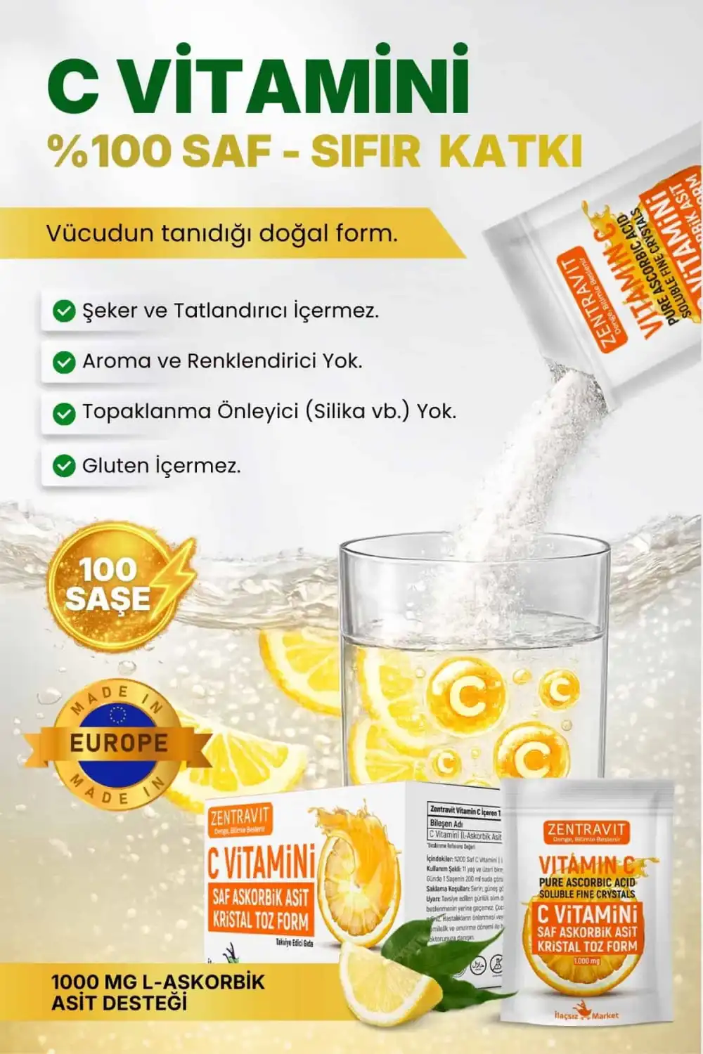 Zentravit %100 Saf C Vitamini (L-Askorbik Asit) Saşe Form 1 Alana 1 Bedava