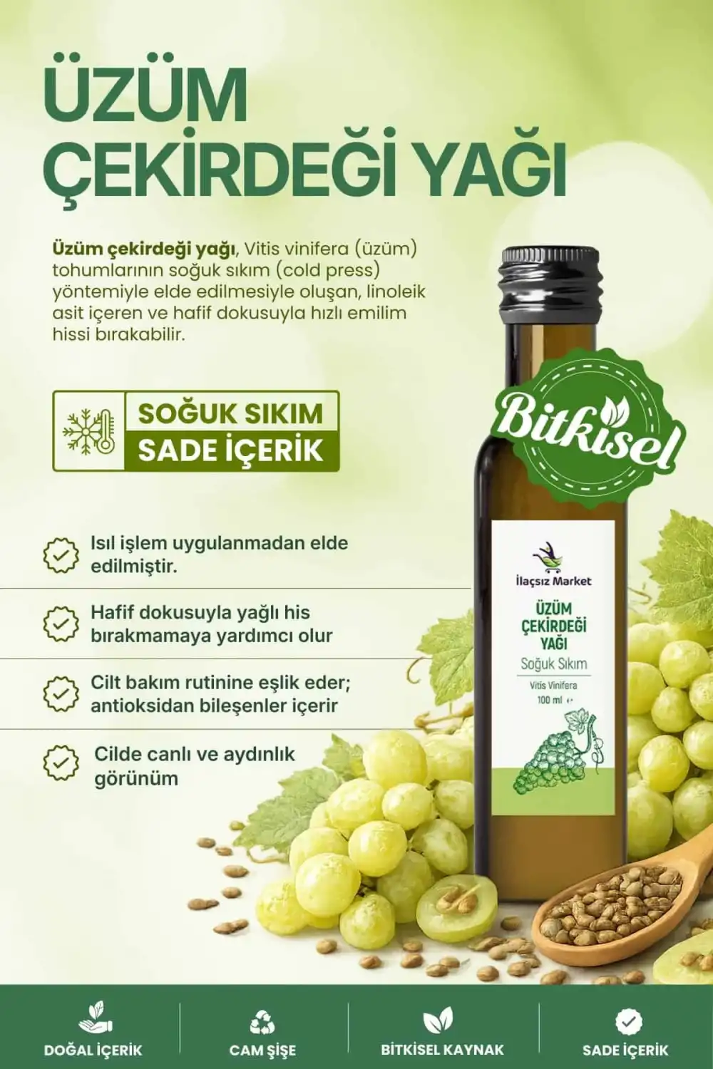Üzüm Çekirdeği Yağı Soğuk Sıkım (Grape Seed) – Vitis Vinifera / 100 ml