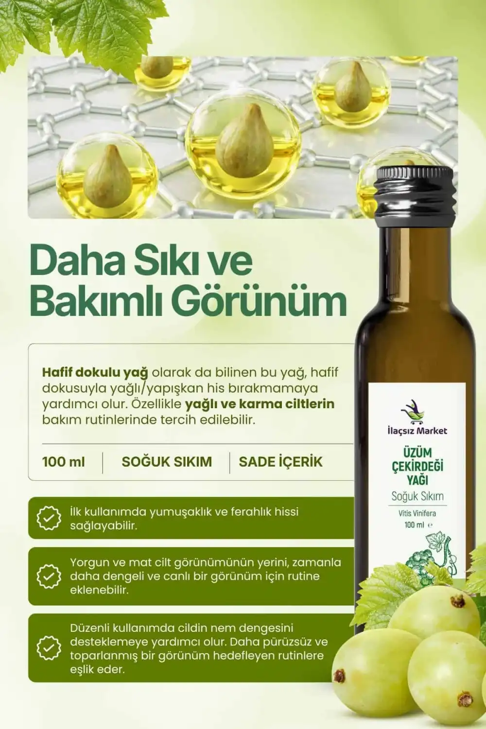 Üzüm Çekirdeği Yağı Soğuk Sıkım (Grape Seed) – Vitis Vinifera / 100 ml