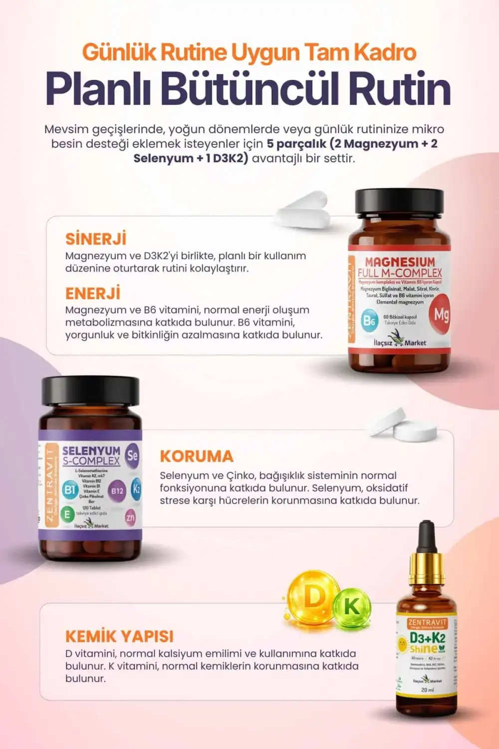 3lü Sinerji Paketi: Magnezyum M-Complex + Selenyum S-Complex + Vegan D3K2