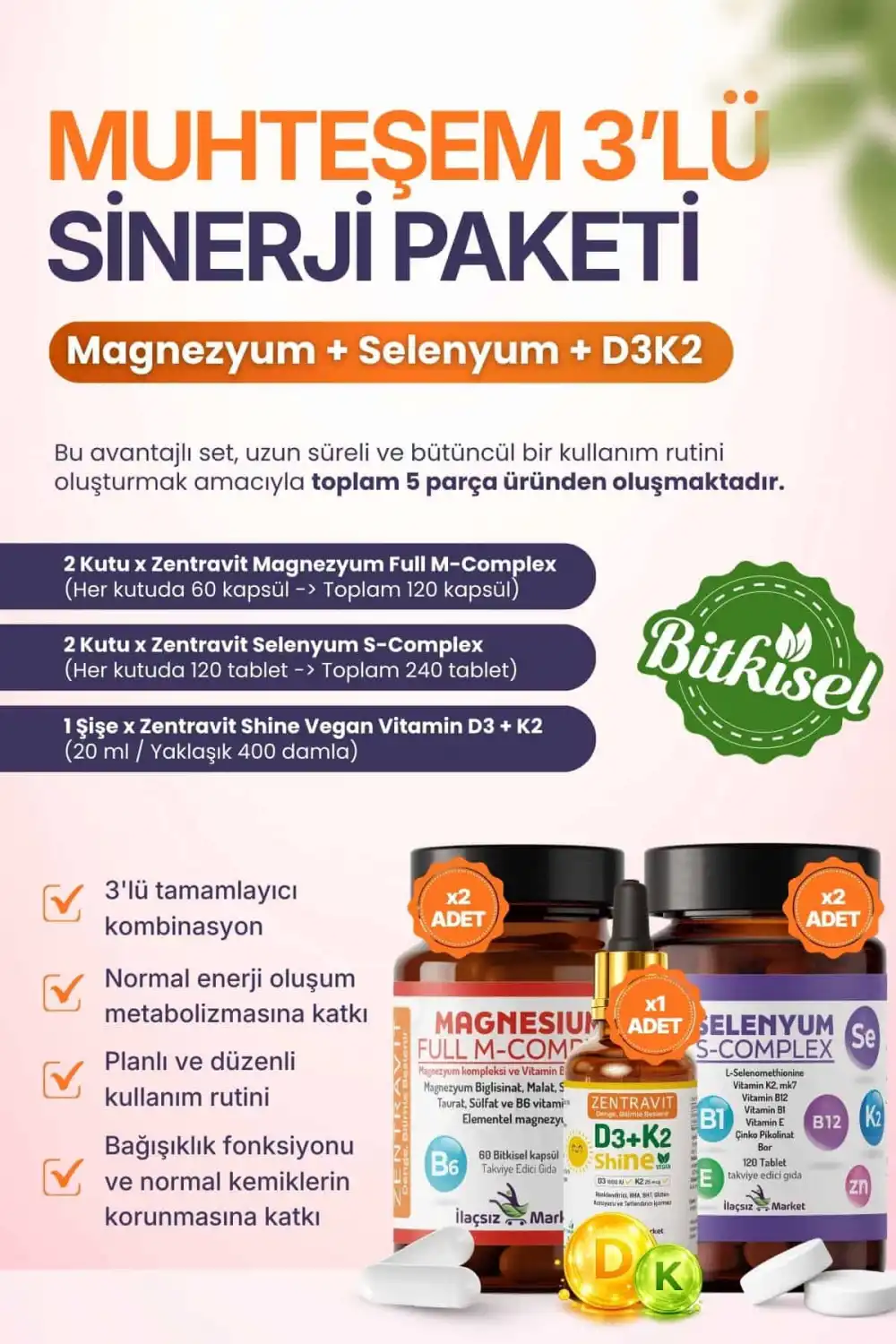 3lü Sinerji Paketi: Magnezyum M-Complex + Selenyum S-Complex + Vegan D3K2