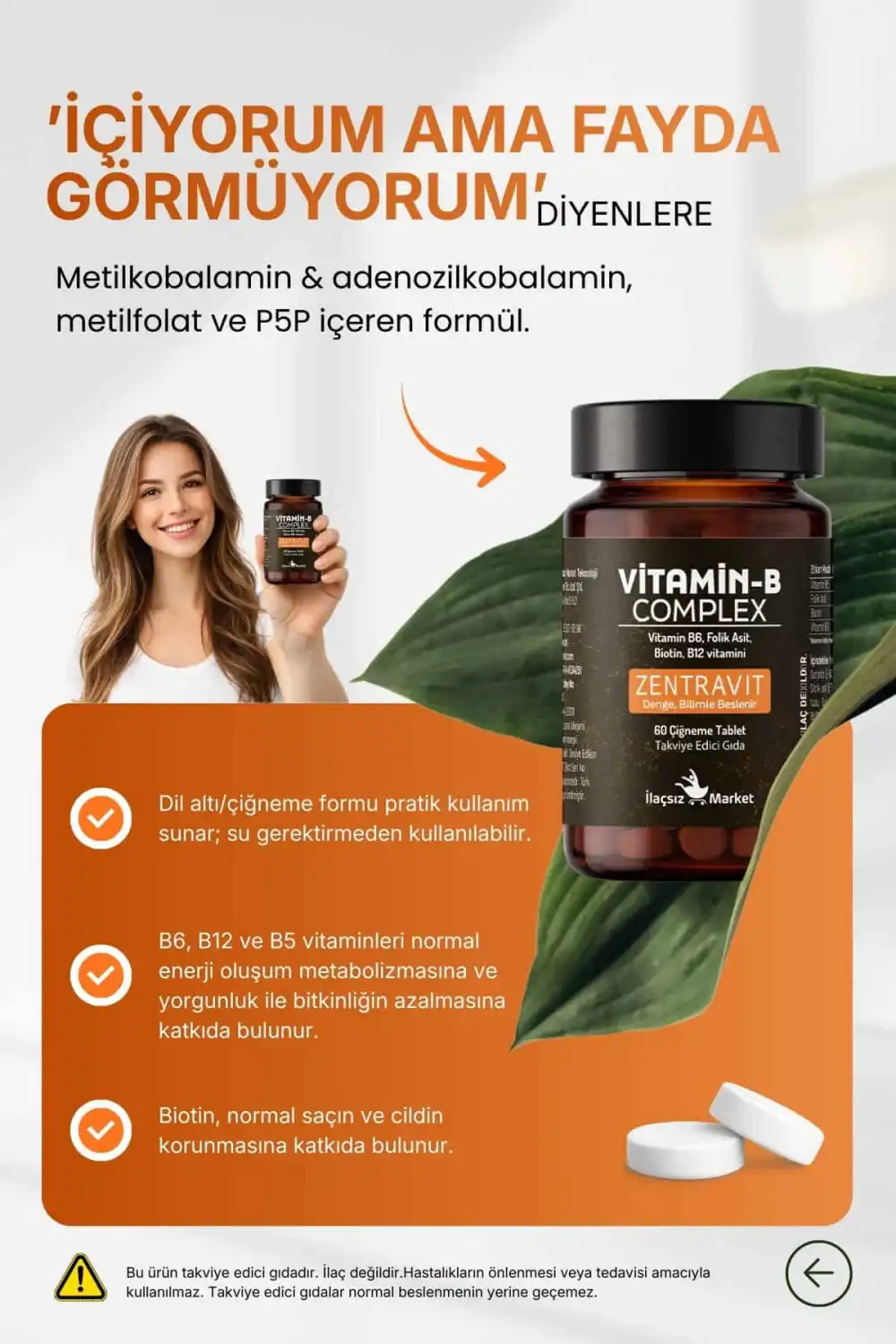 B COMPLEX VİTAMİN (Aktif B12 + Metilfolat + P5P + Biotin + B5) / 60 Çiğneme Tableti