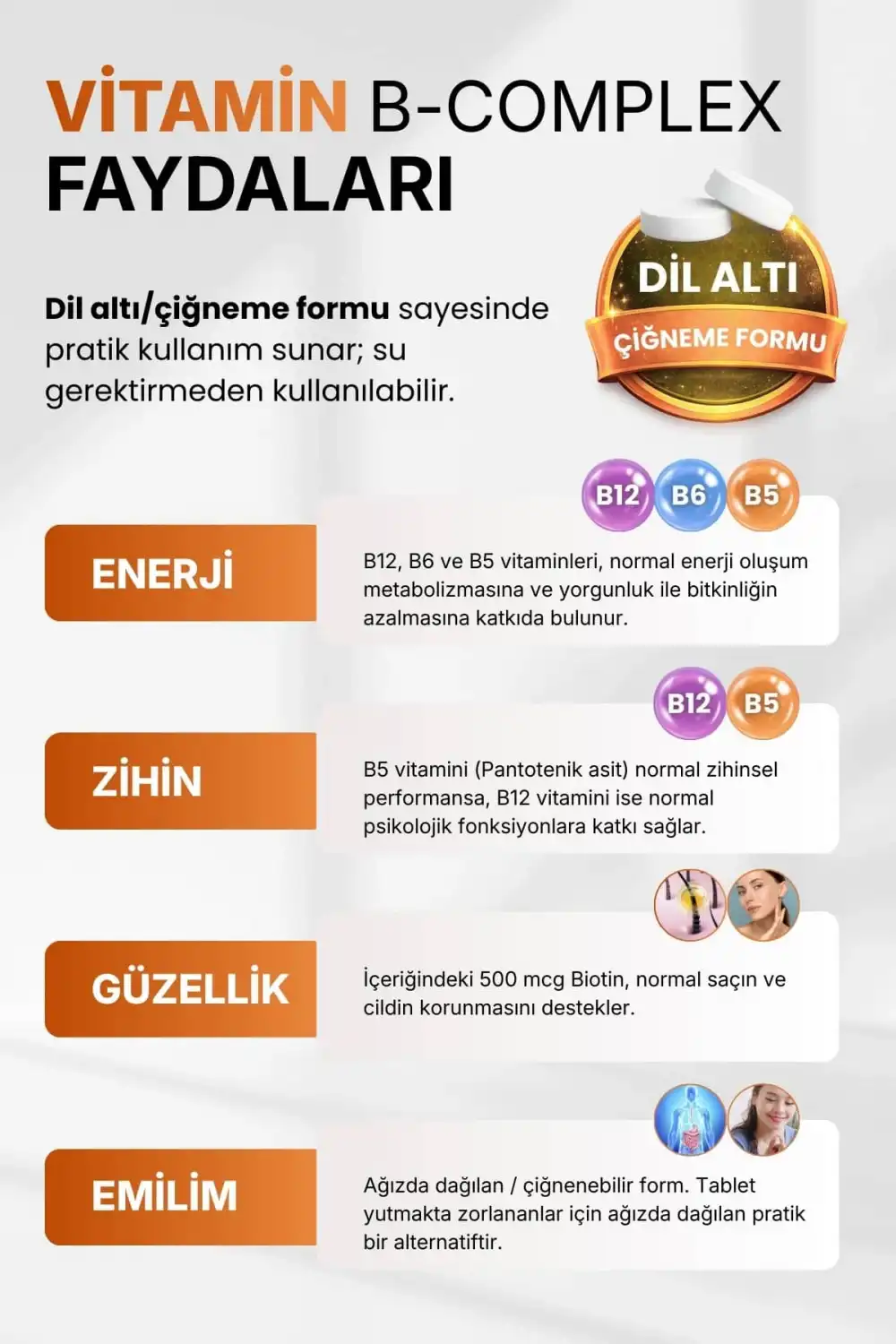 B COMPLEX VİTAMİN (Aktif B12 + Metilfolat + P5P + Biotin + B5) / 60 Çiğneme Tableti