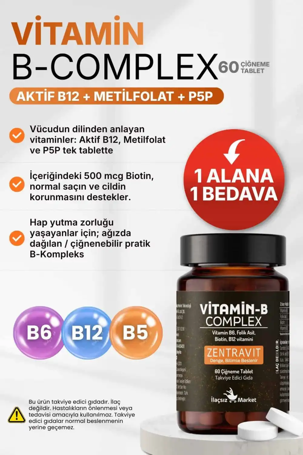 B COMPLEX VİTAMİN (Aktif B12 + Metilfolat + P5P + Biotin + B5) / 60 Çiğneme Tableti