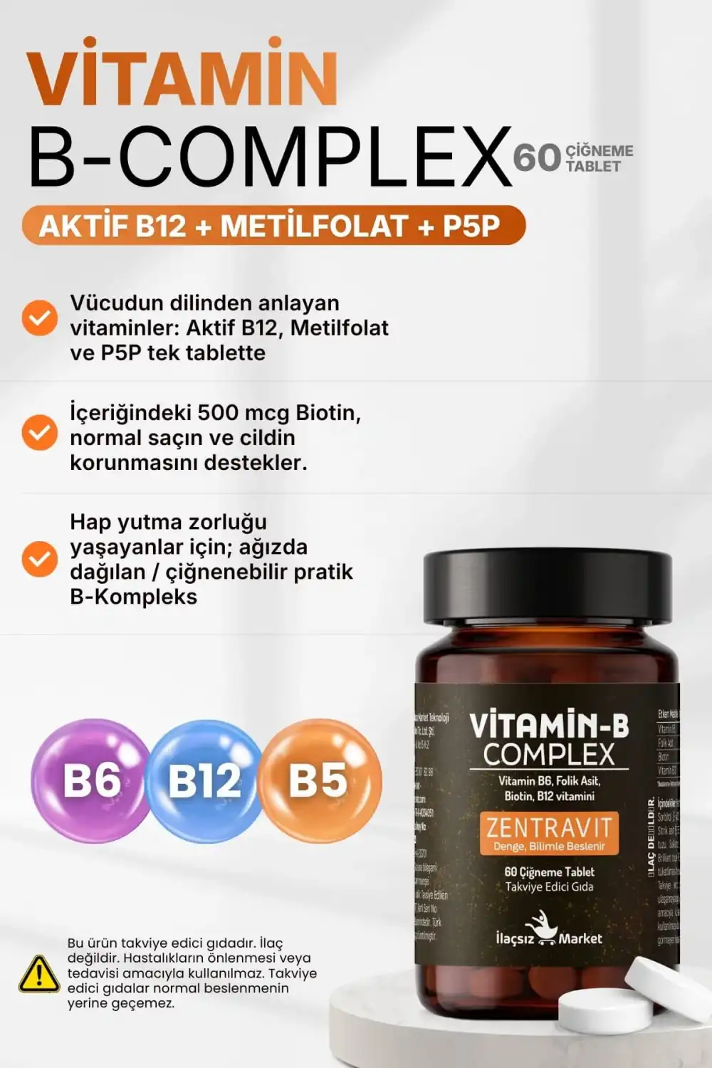 B COMPLEX VİTAMİN (Aktif B12 + Metilfolat + P5P + Biotin + B5) / 60 Çiğneme Tableti
