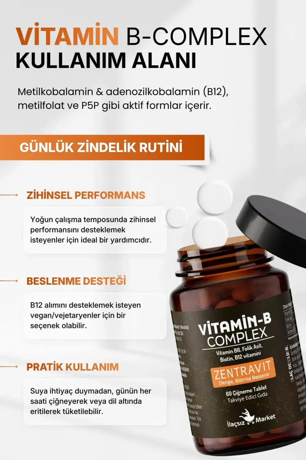 B COMPLEX VİTAMİN (Aktif B12 + Metilfolat + P5P + Biotin + B5) / 60 Çiğneme Tableti