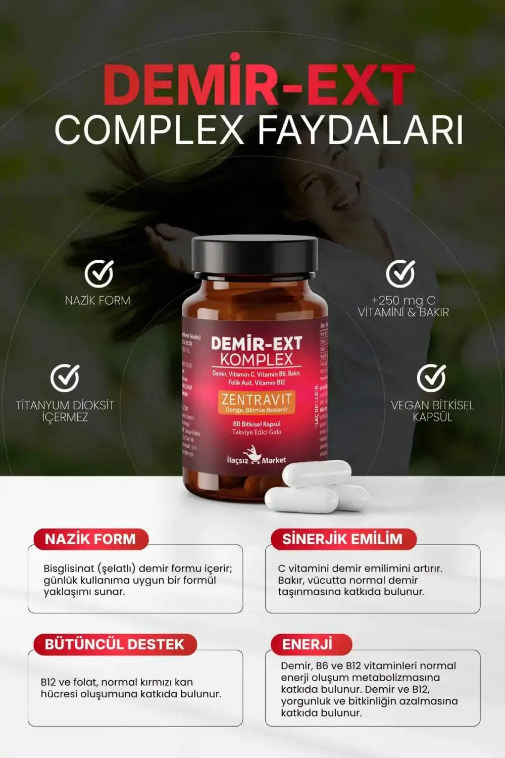 DEMİR-EXT KOMPLEX (Ferroz Bisglisinat) 60 Bitkisel Kapsül