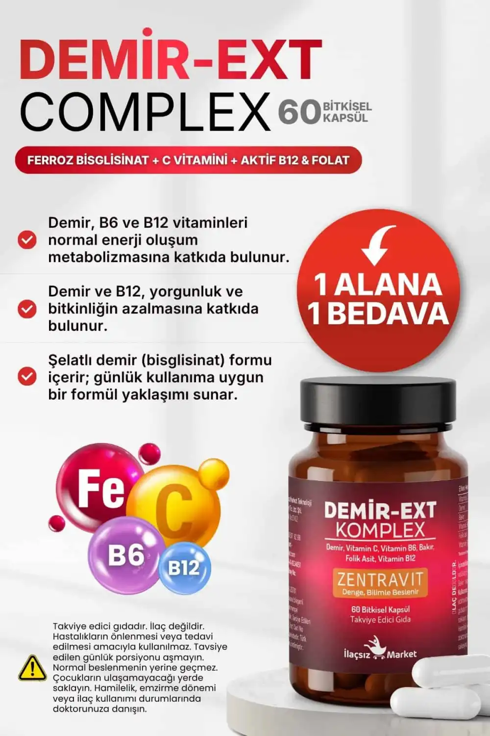 DEMİR-EXT KOMPLEX (Ferroz Bisglisinat) 60 Bitkisel Kapsül