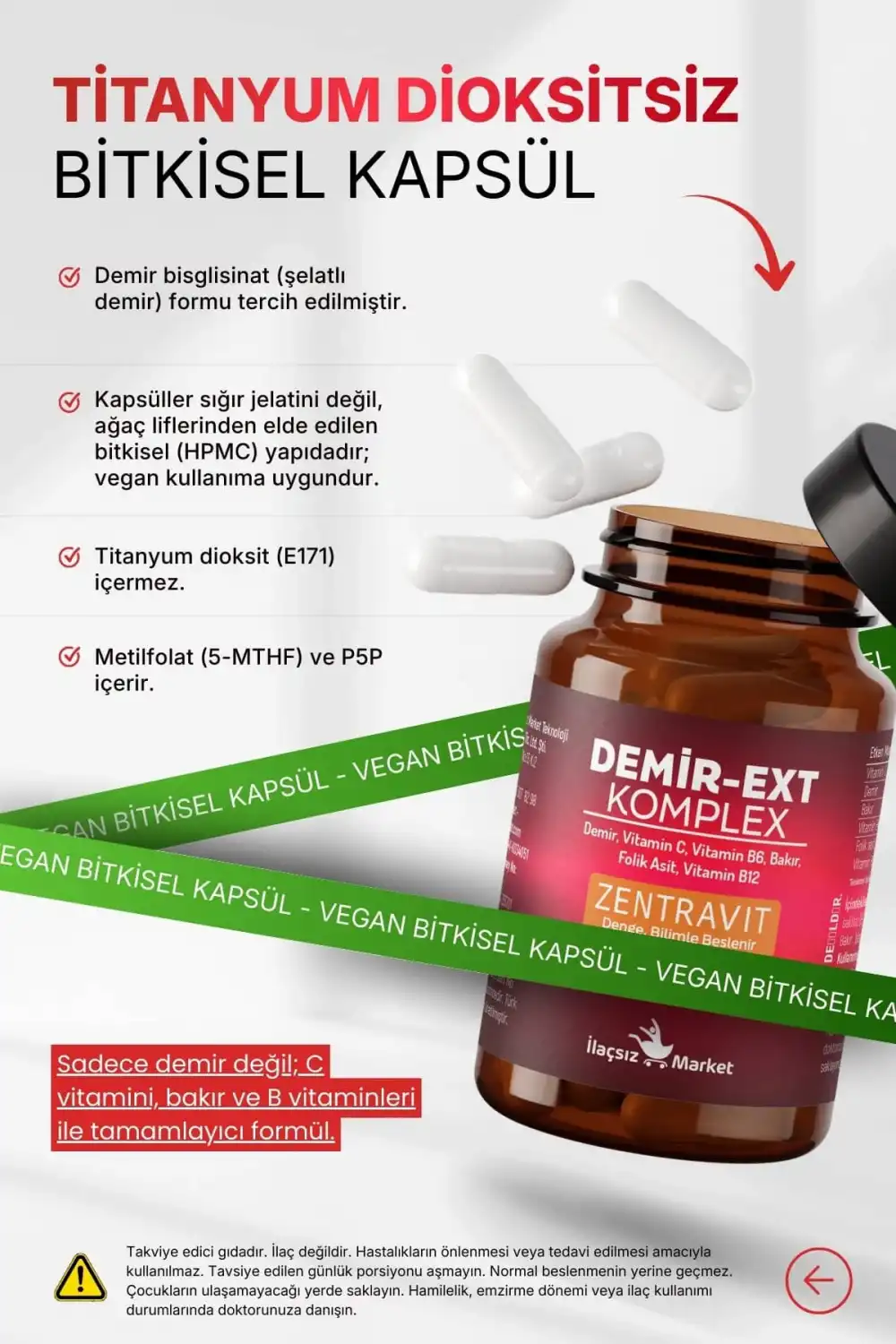 DEMİR-EXT KOMPLEX (Ferroz Bisglisinat) 60 Bitkisel Kapsül