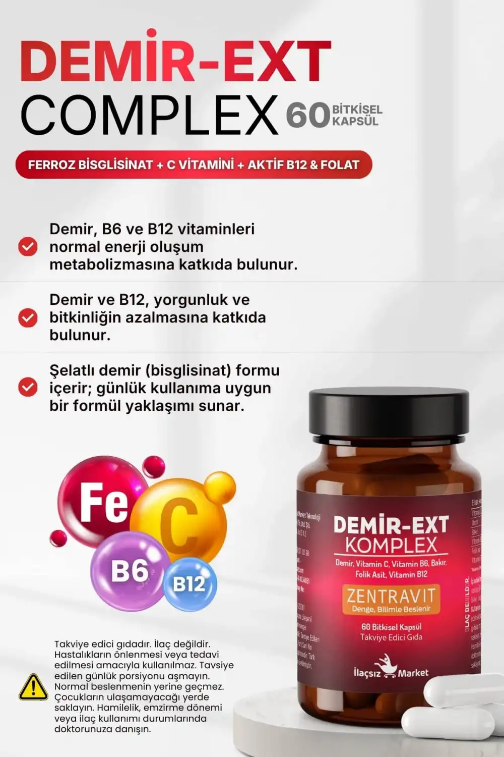 DEMİR-EXT KOMPLEX (Ferroz Bisglisinat) 60 Bitkisel Kapsül