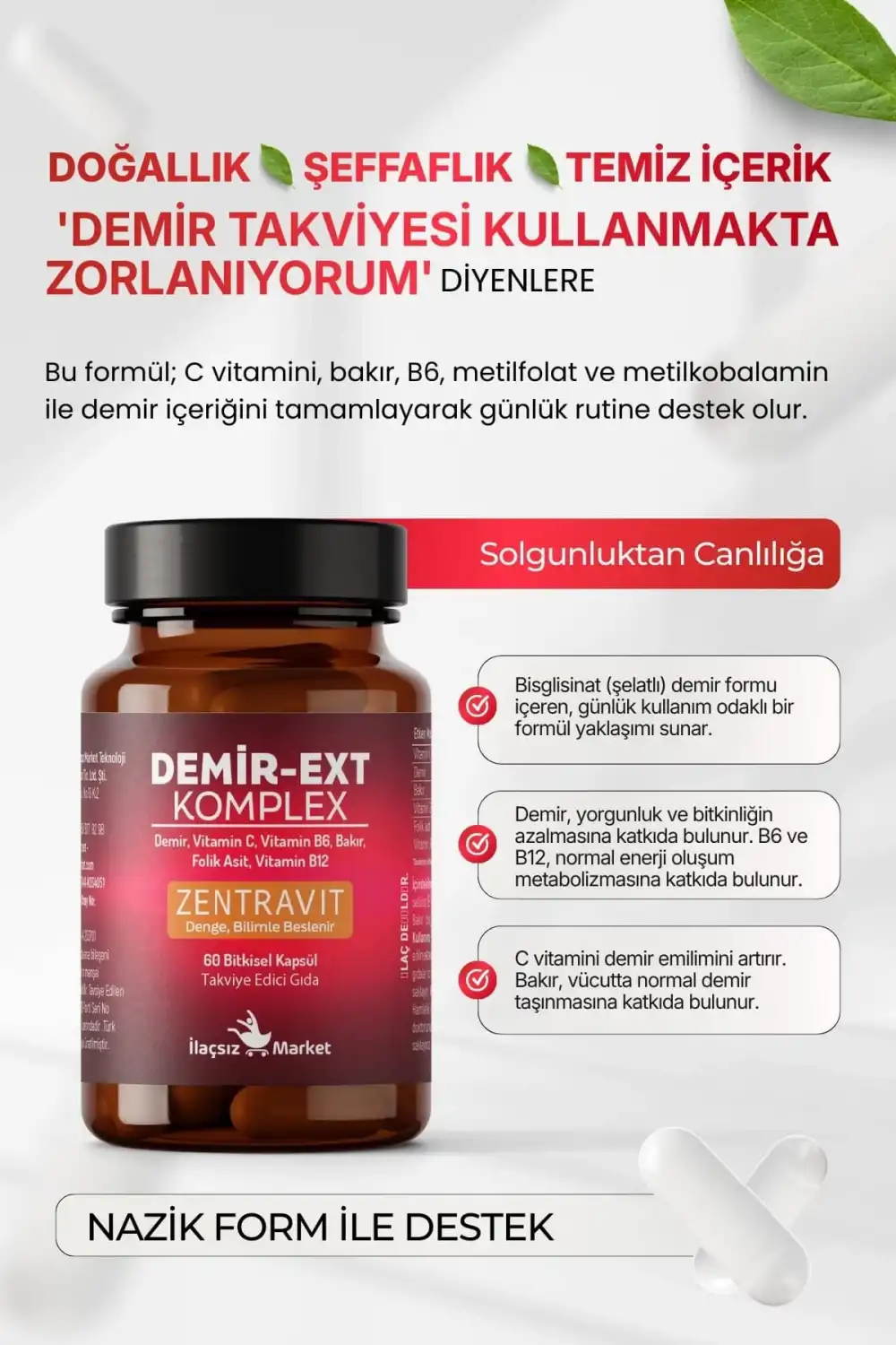 DEMİR-EXT KOMPLEX (Ferroz Bisglisinat) 60 Bitkisel Kapsül