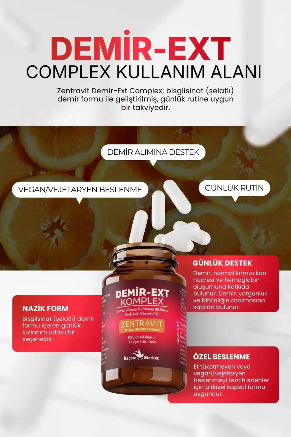 DEMİR-EXT KOMPLEX (Ferroz Bisglisinat) 60 Bitkisel Kapsül