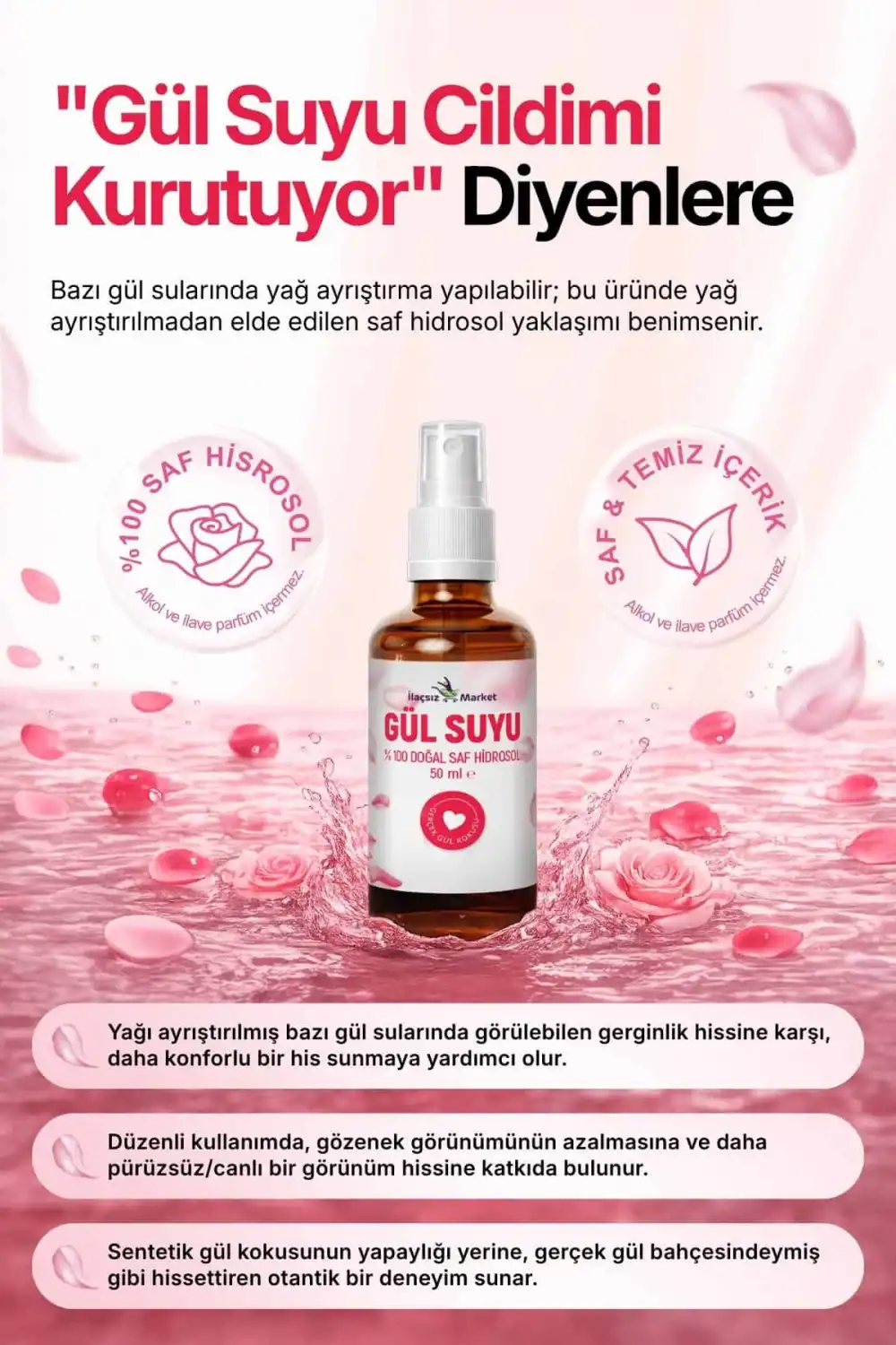 DOĞAL GÜL SUYU (Hindistan Menşeili & Yağı Alınmamış Saf Hidrosol) / 50 ml