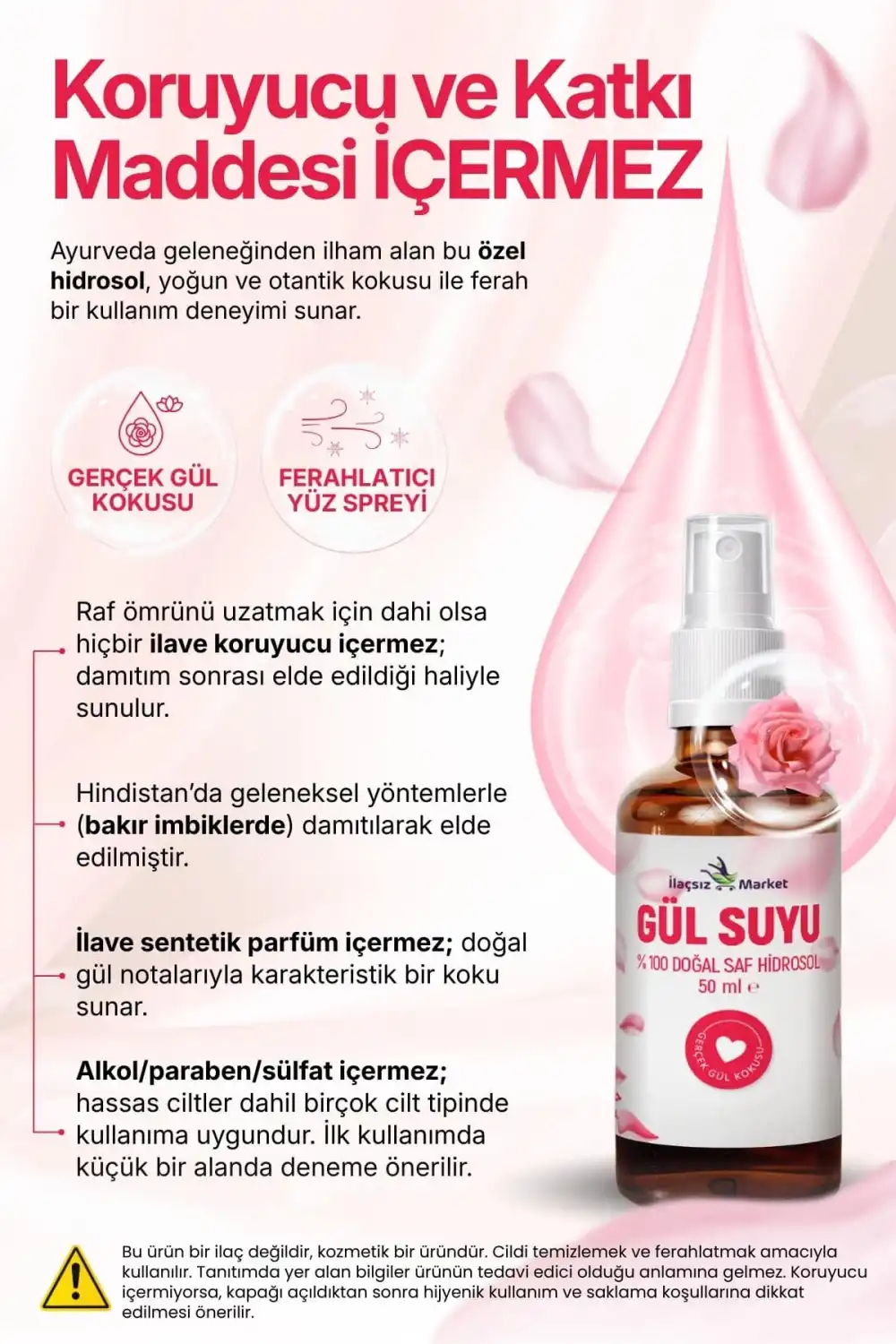 DOĞAL GÜL SUYU (Hindistan Menşeili & Yağı Alınmamış Saf Hidrosol) / 50 ml