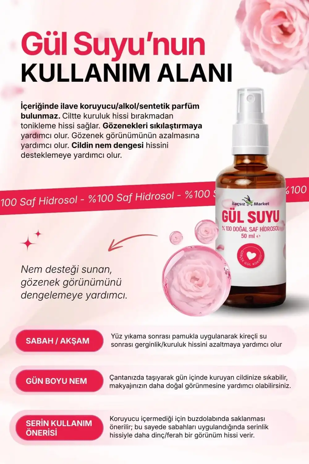 DOĞAL GÜL SUYU (Hindistan Menşeili & Yağı Alınmamış Saf Hidrosol) / 50 ml