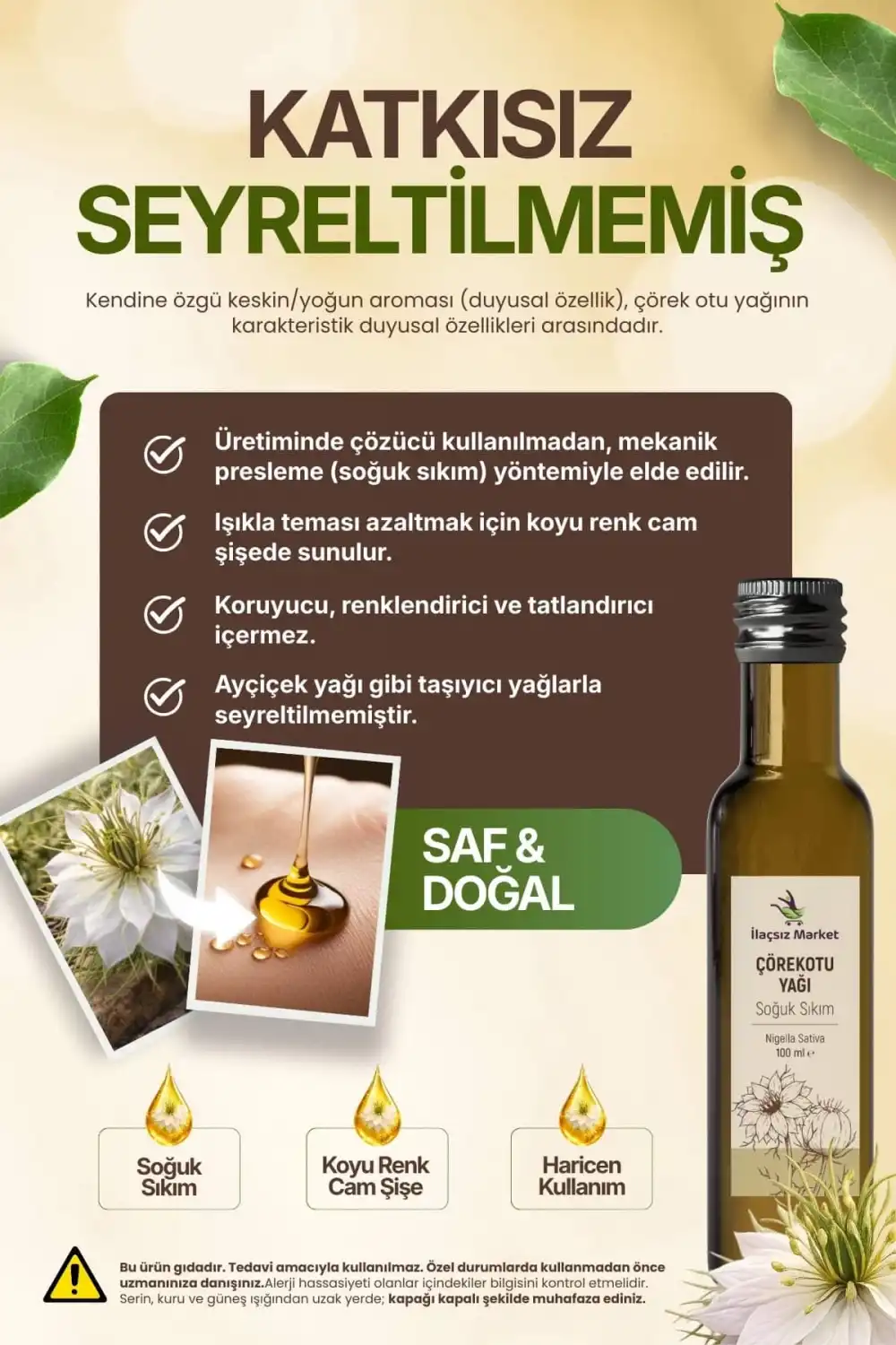 ÇÖREK OTU YAĞI SOĞUK SIKIM (Nigella Sativa) – %100 Saf & Doğal / 100 ml