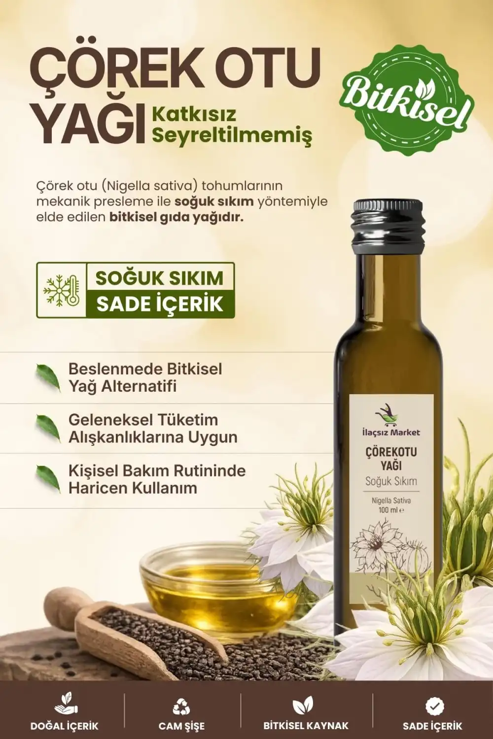 ÇÖREK OTU YAĞI SOĞUK SIKIM (Nigella Sativa) – %100 Saf & Doğal / 100 ml