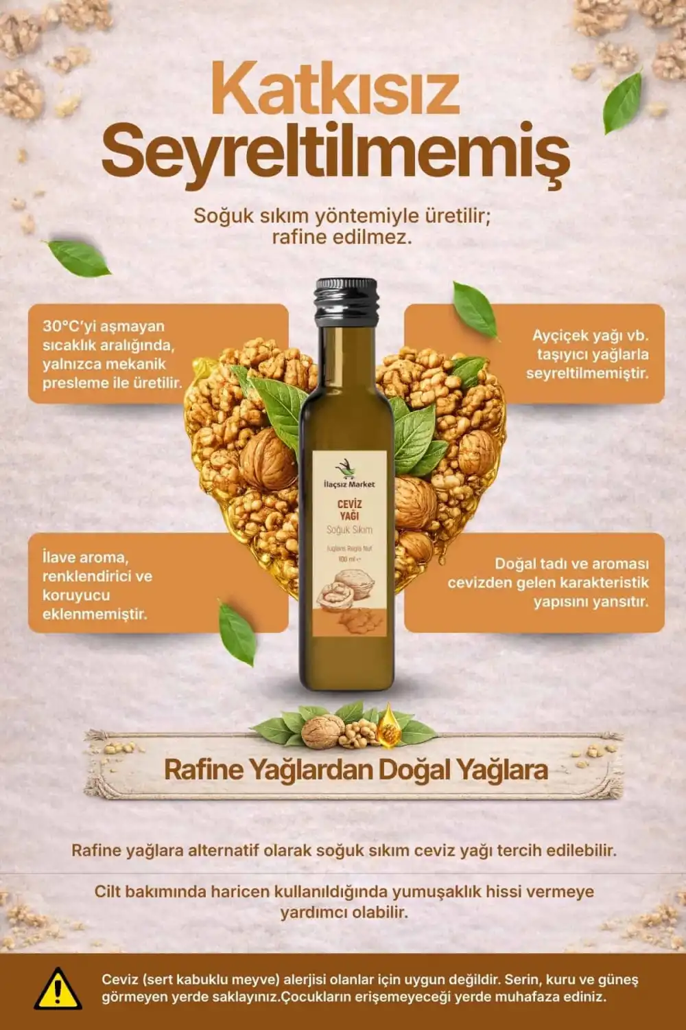 CEVİZ YAĞI SOĞUK SIKIM (Juglans Regia) – %100 Saf & Doğal – 100 ml