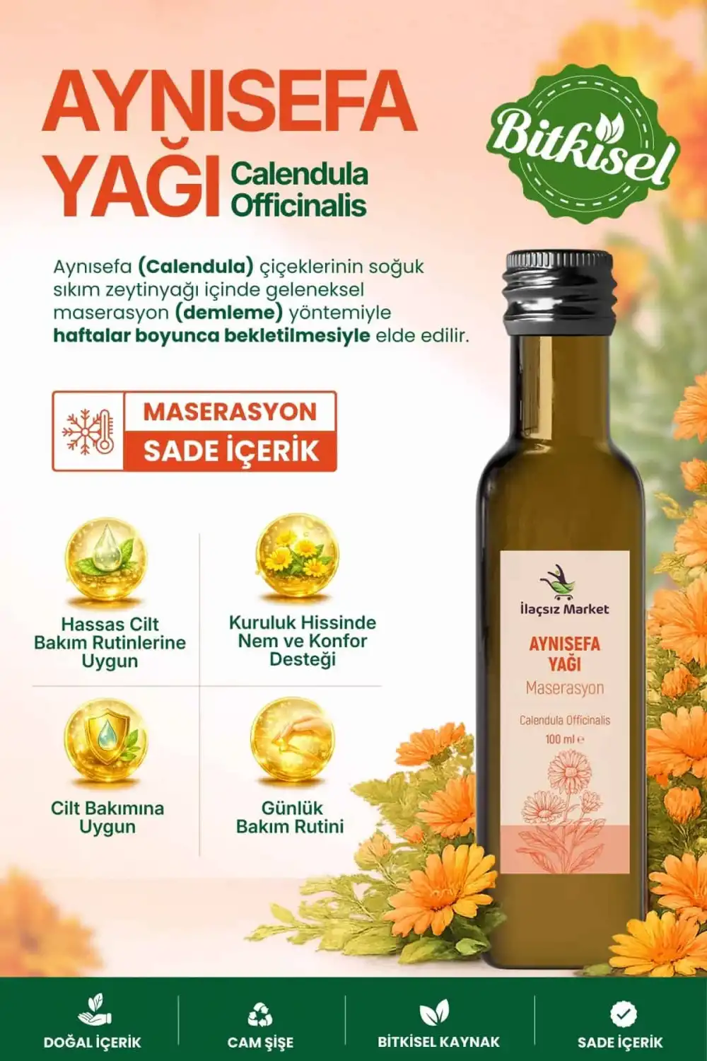 AYNISEFA YAĞI MASERASYON (Calendula Officinalis) – %100 Doğal / 100 ml