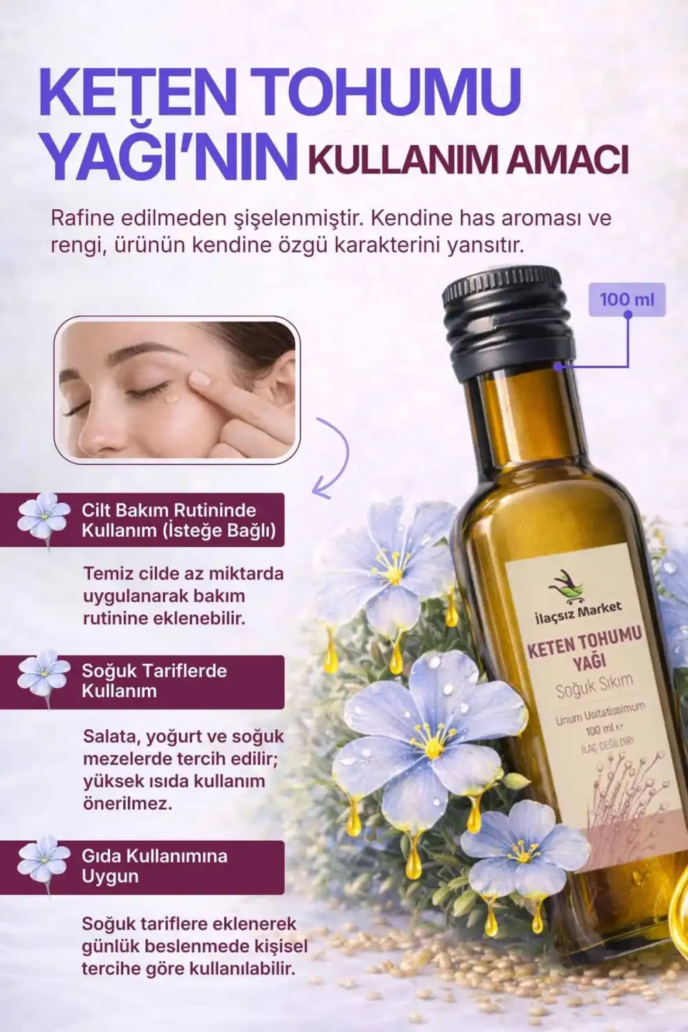 KETEN TOHUMU YAĞI SOĞUK SIKIM (Linum usitatissimum) – %100 Saf & Doğal / 100 ml