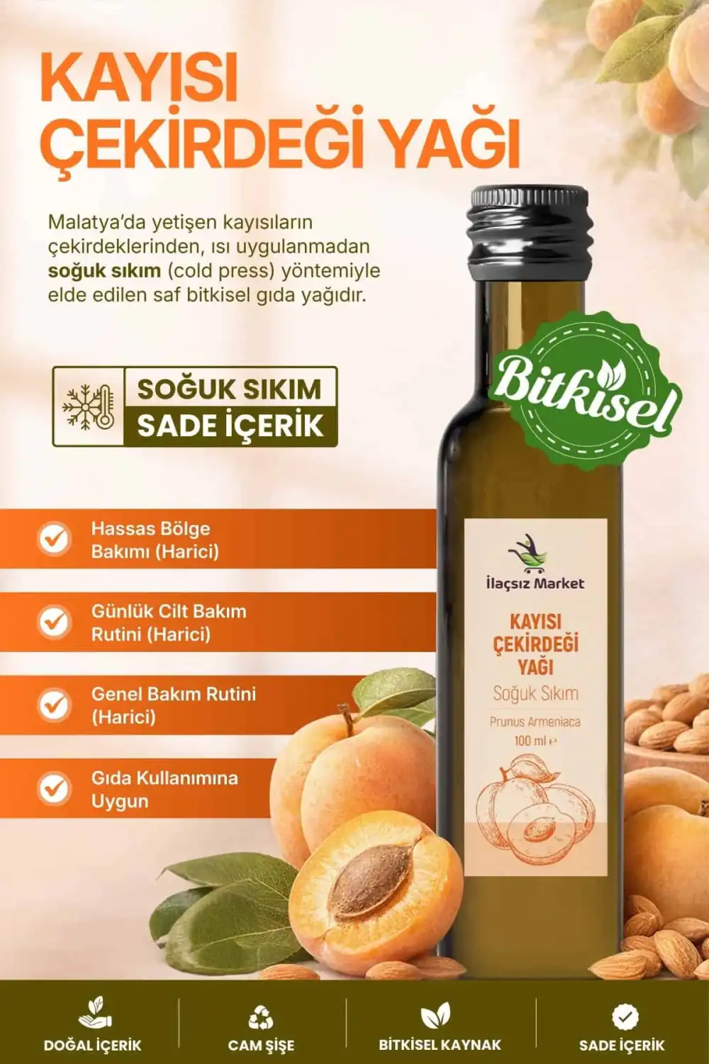 KAYISI ÇEKİRDEĞİ YAĞI SOĞUK SIKIM (Prunus Armeniaca) – %100 Saf & Doğal / 100 ml