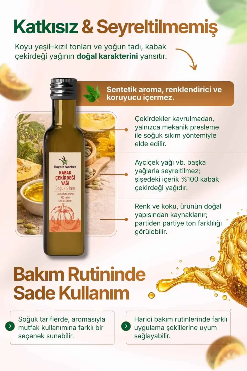 KABAK ÇEKİRDEĞİ YAĞI SOĞUK SIKIM (Cucurbita Pepo) – %100 Saf & Doğal / 100 ml