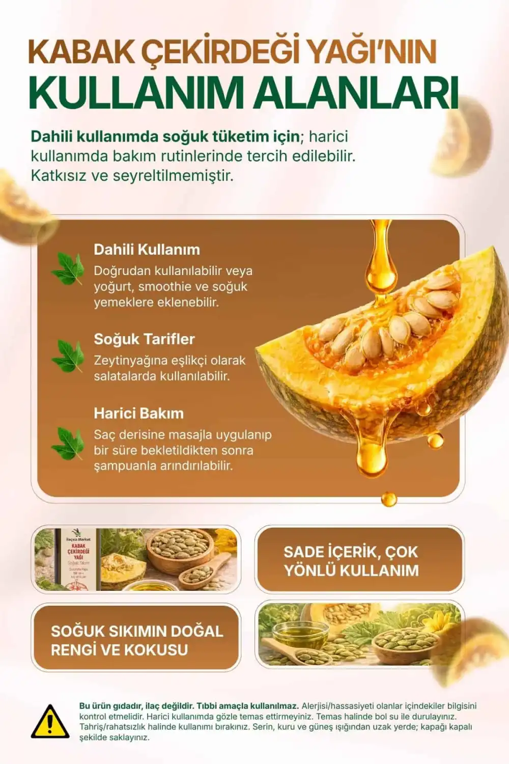 KABAK ÇEKİRDEĞİ YAĞI SOĞUK SIKIM (Cucurbita Pepo) – %100 Saf & Doğal / 100 ml