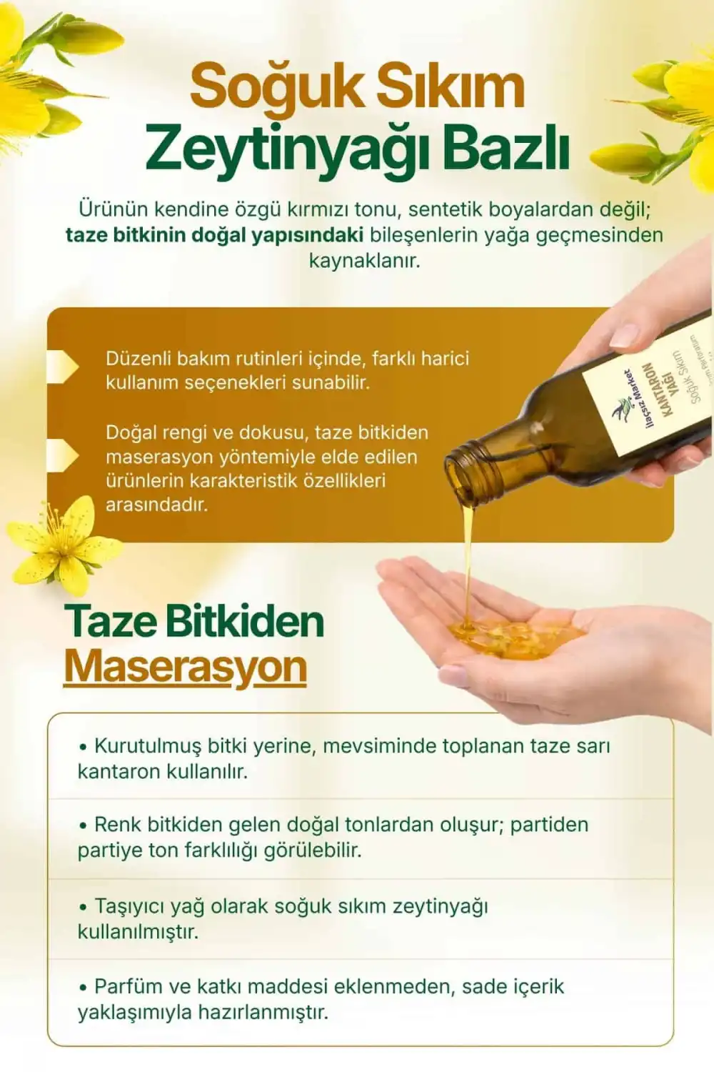 SARI KANTARON YAĞI MASERASYON (Kırmızı / Taze Çiçek) – %100 Doğal / 100 ml