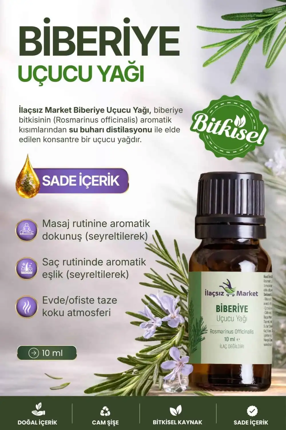 Biberiye Uçucu Yağı (Rosemary Oil) – Rosmarinus officinalis 10 ml
