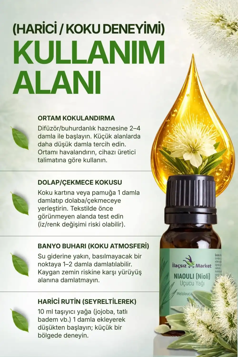 NİOLİ UÇUCU YAĞI (Melaleuca quinquenervia) – %100 Saf & Doğal 10 ml (Tıbbi)