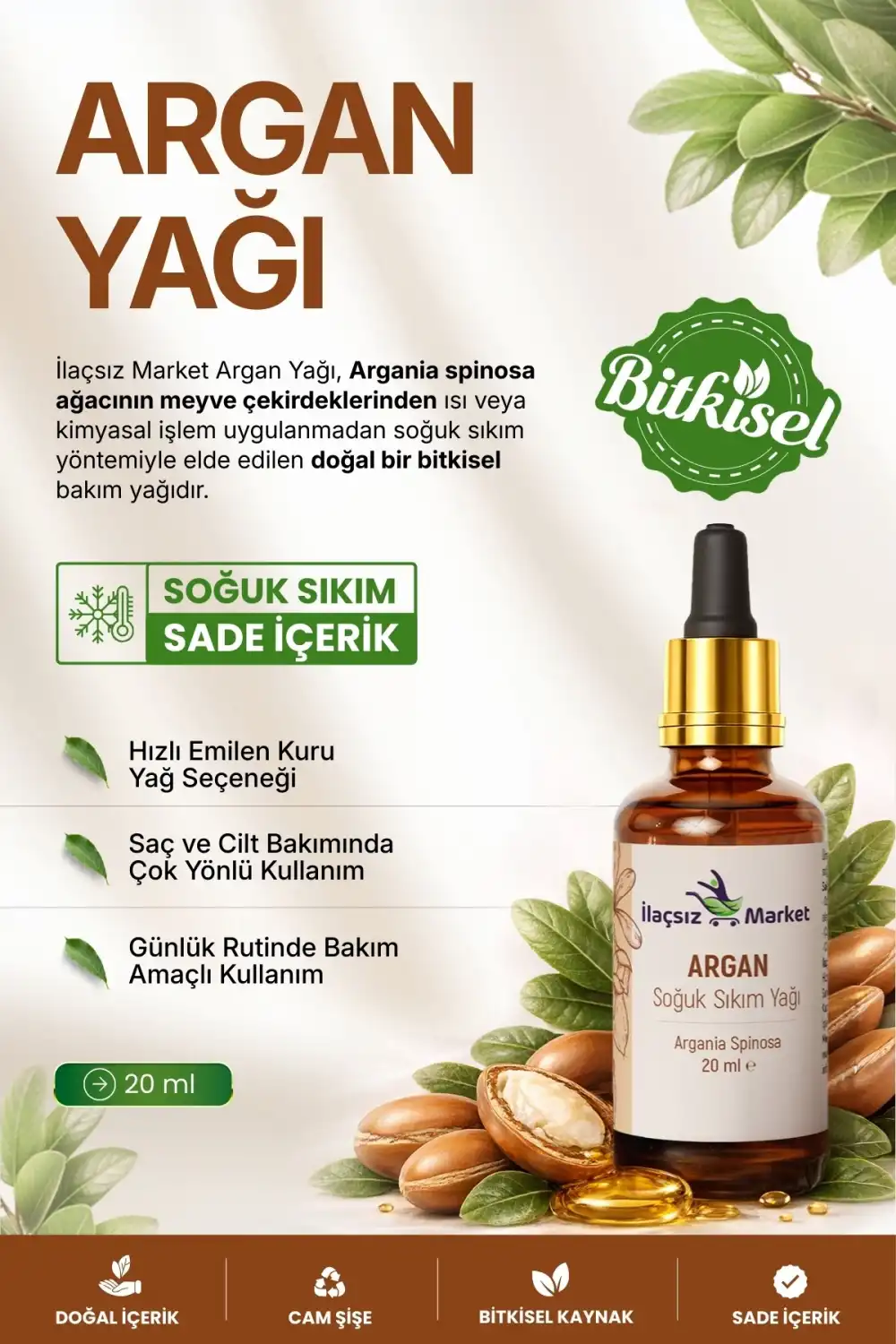 ARGAN YAĞI SOĞUK SIKIM (Argania spinosa) – %100 Saf & Doğal / 20 ml