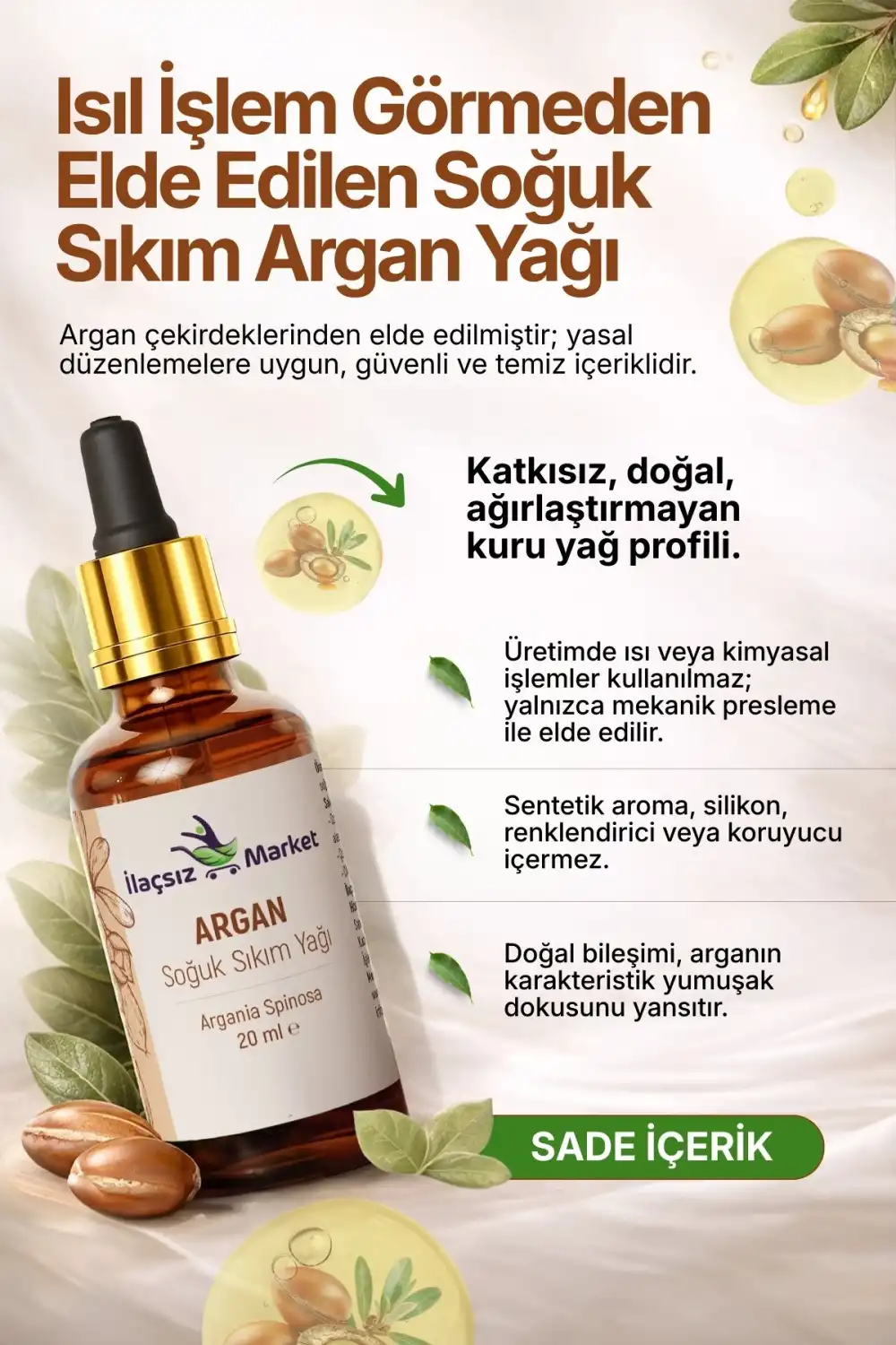ARGAN YAĞI SOĞUK SIKIM (Argania spinosa) – %100 Saf & Doğal / 20 ml