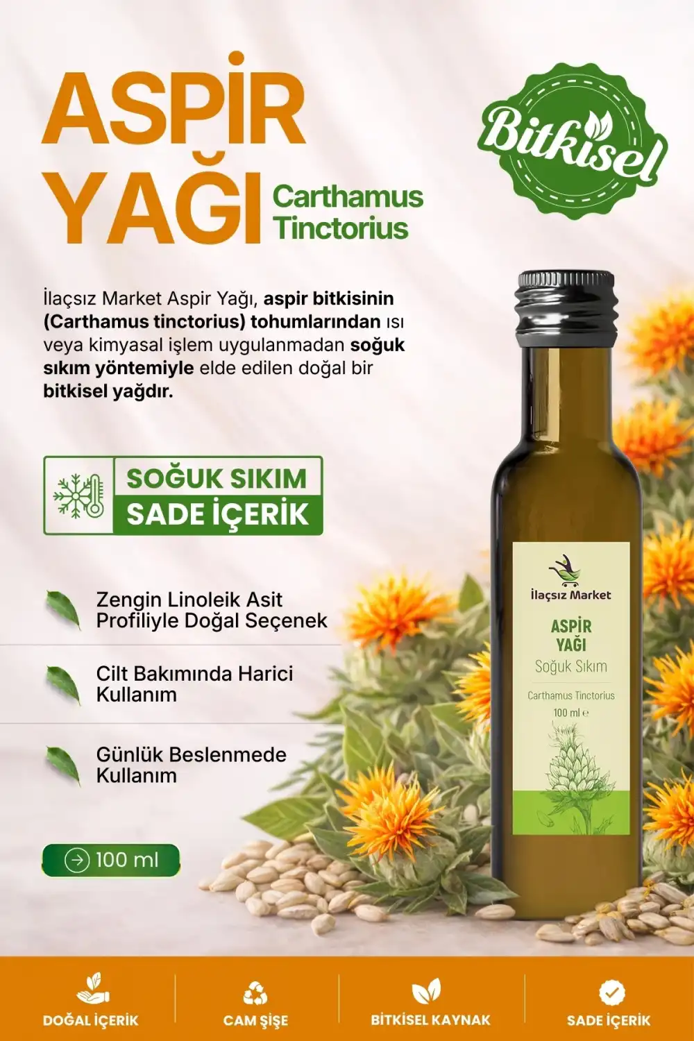 ASPİR YAĞI SOĞUK SIKIM (Carthamus tinctorius) – %100 Saf & Doğal / 100 ml