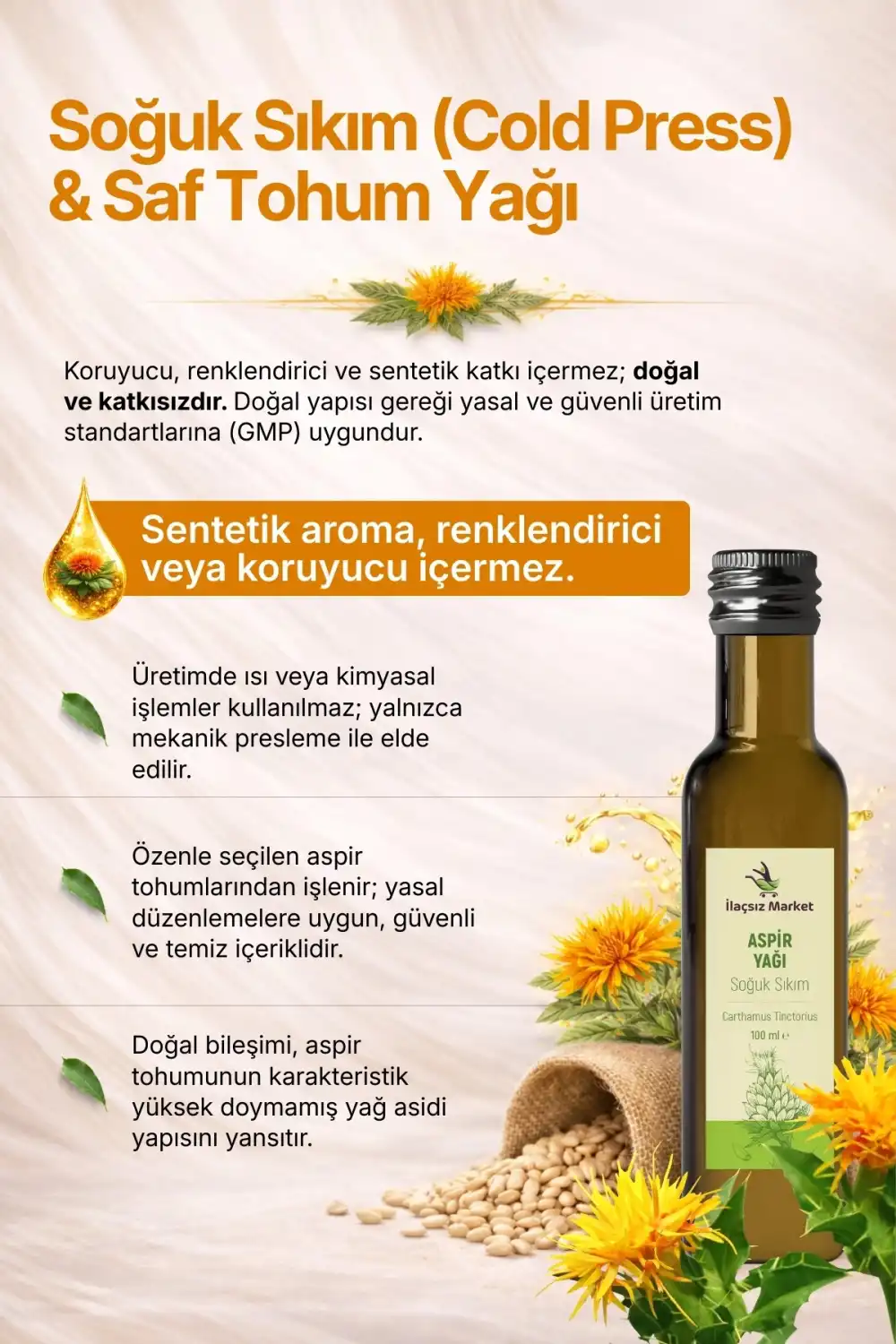 ASPİR YAĞI SOĞUK SIKIM (Carthamus tinctorius) – %100 Saf & Doğal / 100 ml