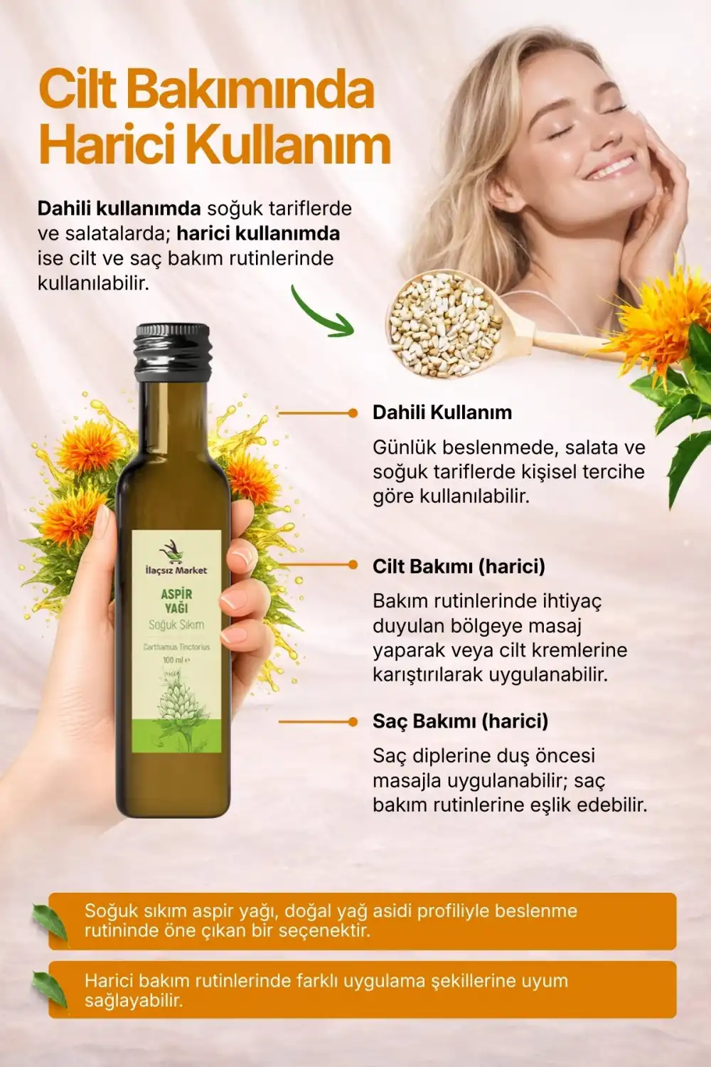 ASPİR YAĞI SOĞUK SIKIM (Carthamus tinctorius) – %100 Saf & Doğal / 100 ml