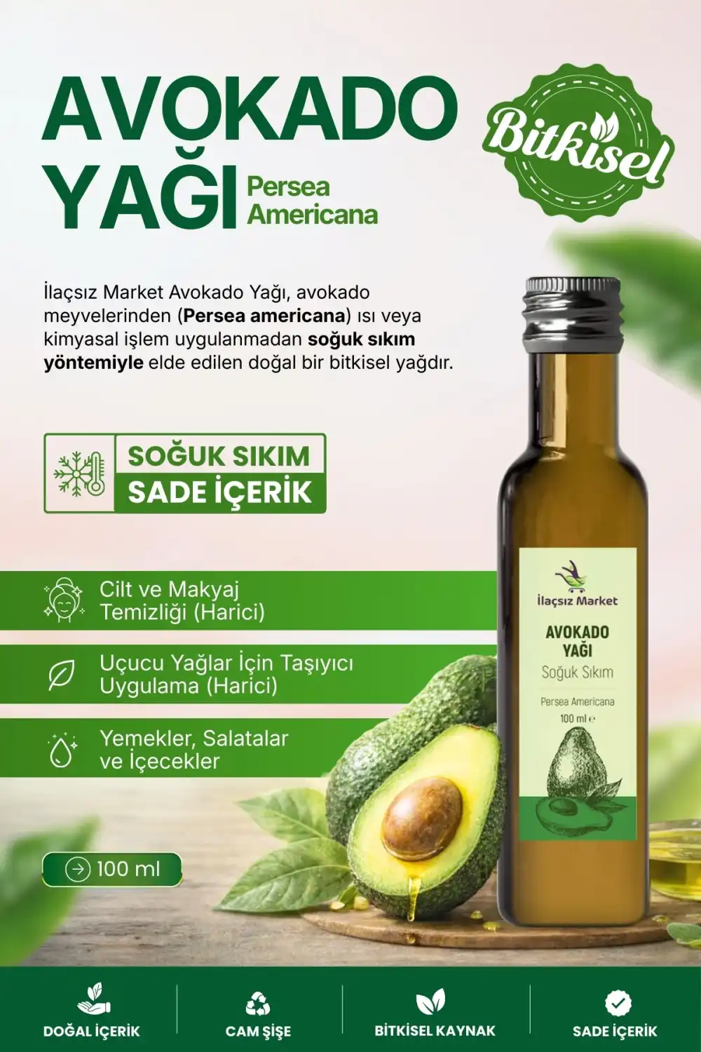 AVOKADO YAĞI SOĞUK SIKIM (Persea americana) – %100 Saf & Doğal / 100 ml