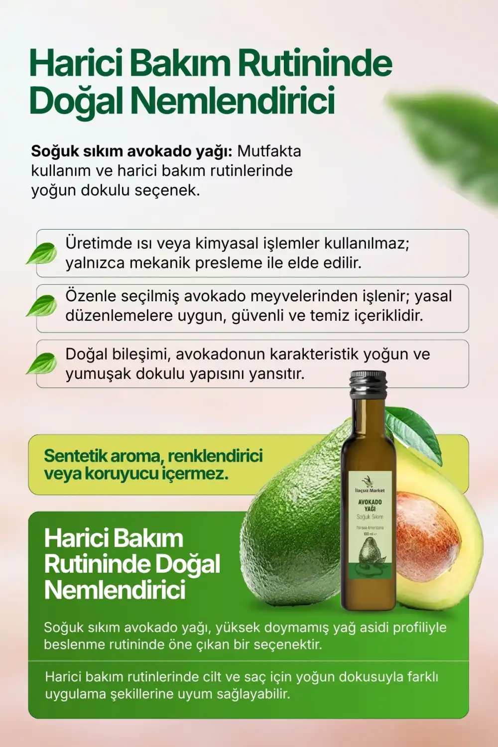 AVOKADO YAĞI SOĞUK SIKIM (Persea americana) – %100 Saf & Doğal / 100 ml