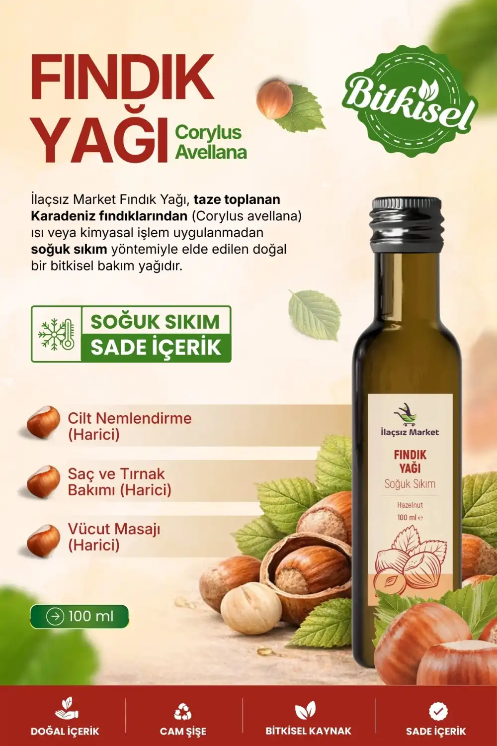 FINDIK YAĞI SOĞUK SIKIM (Corylus avellana) – %100 Saf & Doğal / 100 ml